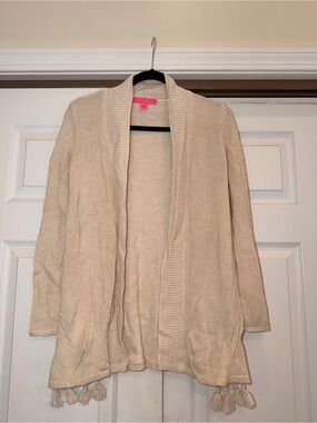 Lilly Pulitzer Metallic Gold Open-Front Sweater Cardigan with Tassel Hem